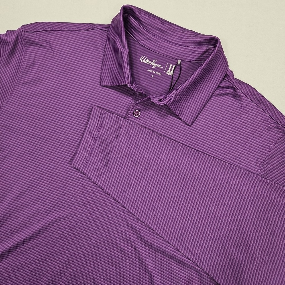 Walter Hagen 11 Majors Golf Polo Men L Purple Stripe Long Sleeve Wicking Stretch